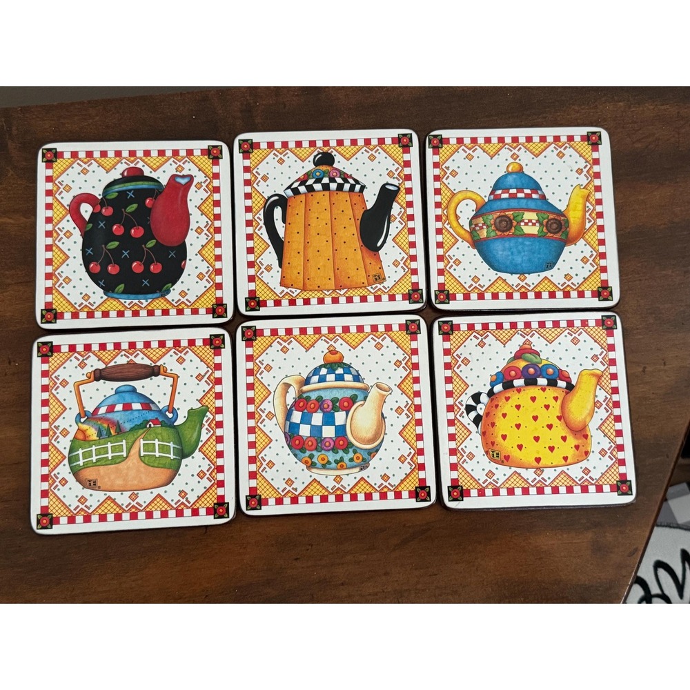 Vintage Set of 6 Mary Engelbreit Tea Pot Coasters with Cork Backs, in box